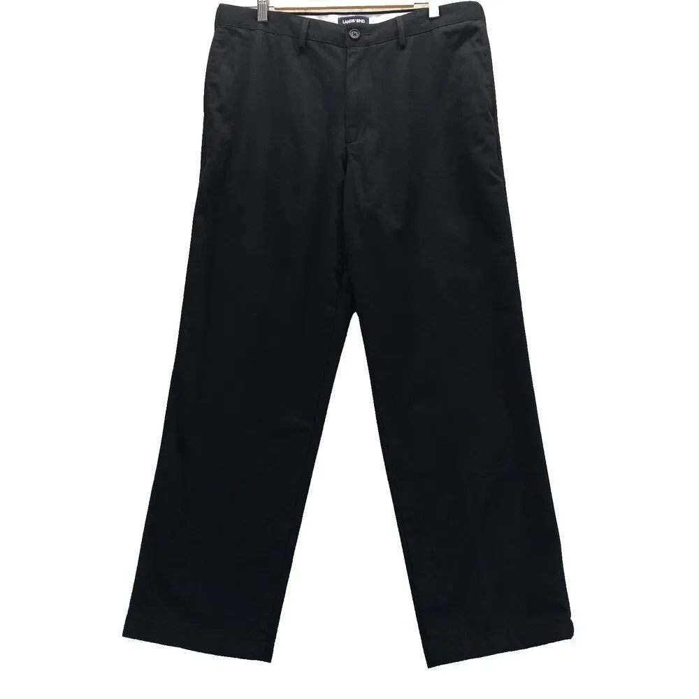 Lands End Tailored Fit Flat Front Straight Leg Pants Mens Size 35 Black